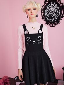 ROMWE Kawaii Cartoon Cat Graphic Overall Dress - Black - View 3