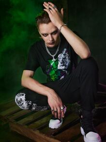 ROMWE MEN Harley Quinn | ROMWE Guys Letter & Figure Graphic Tee - Black - View 1