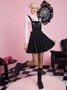 ROMWE Kawaii Cartoon Cat Graphic Overall Dress - Black - View 4