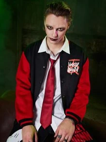 ROMWE MEN Harley Quinn | ROMWE 男士字母撞色前紐扣學院風夾克 - 彩色 - 查看 4