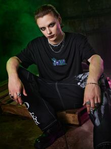 ROMWE MEN Harley Quinn | ROMWE Guys Letter Figure Graphic Oversized Tee - Black - View 2