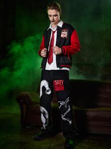 ROMWE MEN Harley Quinn | ROMWE 男士字母撞色前紐扣學院風夾克 - 彩色 - 查看 5