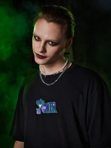 ROMWE MEN Harley Quinn | ROMWE Guys Letter Figure Graphic Oversized Tee - Black - View 3