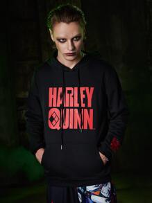 ROMWE MEN Harley Quinn | ROMWE Guys Slogan & Figure Print Kangaroo Pocket Drawstring Hoodie - Black - View 1