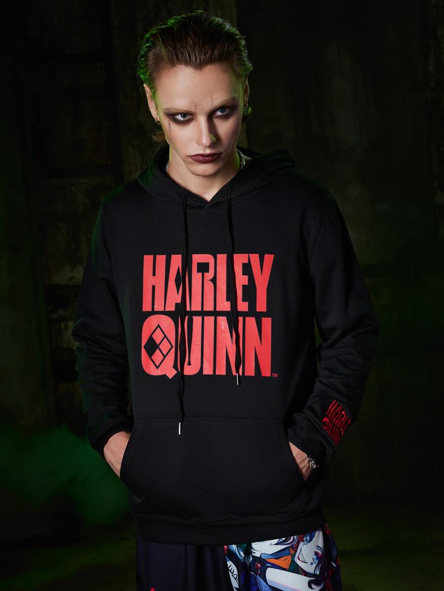 ROMWE MEN Harley Quinn | ROMWE Guys Slogan & Figure Print Kangaroo Pocket Drawstring Hoodie - Black - View 1