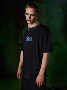 ROMWE MEN Harley Quinn | ROMWE Guys Letter Figure Graphic Oversized Tee - Black - View 4