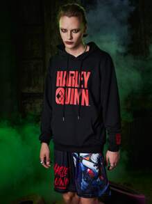 ROMWE MEN Harley Quinn | ROMWE Guys Slogan & Figure Print Kangaroo Pocket Drawstring Hoodie - Black - View 2