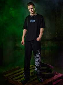 ROMWE MEN Harley Quinn | ROMWE Guys Letter Figure Graphic Oversized Tee - Black - View 5