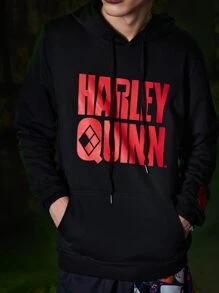 ROMWE MEN Harley Quinn | ROMWE Guys Slogan & Figure Print Kangaroo Pocket Drawstring Hoodie - Black - View 3