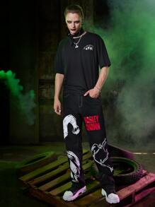 ROMWE MEN Harley Quinn | ROMWE Guys Joker Print Tee - Black - View 4