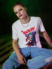 ROMWE MEN Harley Quinn | ROMWE Guys Joker Print Tee - White - View 4