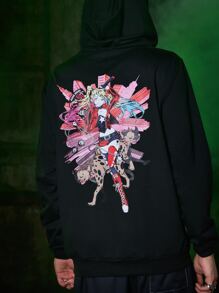 ROMWE MEN Harley Quinn | ROMWE Guys Slogan & Figure Print Kangaroo Pocket Drawstring Hoodie - Black - View 5