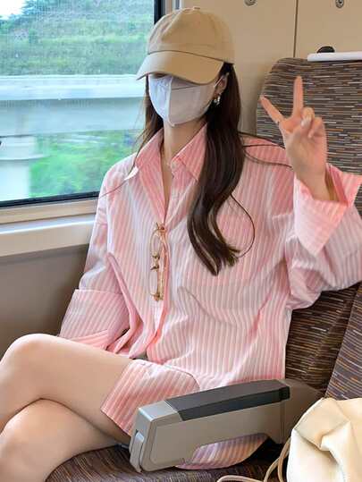 Honeyspot 垂直ストライプ ドロップショルダー オーバーサイズシャツ