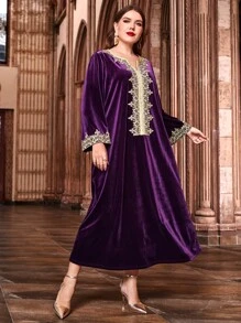 Al Najma 大碼凸花蕾絲貼花絲絨連衣裙 - 紫色 - 查看 2