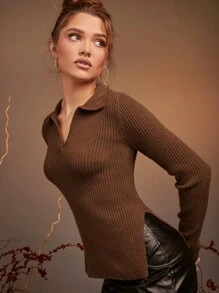 SHEIN Essnce Slit Hem Ribbed Knit Jumper - Coffee Brown - View 1