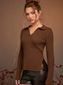 SHEIN Essnce Slit Hem Ribbed Knit Jumper - Coffee Brown - View 3