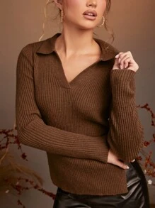 SHEIN Essnce Slit Hem Ribbed Knit Jumper - Coffee Brown - View 4