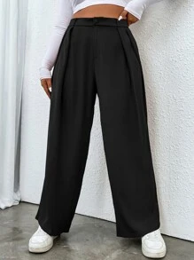 Flirla Plus High Waist Fold Pleated Tailored Trousers - Black - View 1