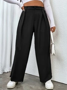Flirla Plus High Waist Fold Pleated Tailored Trousers - Black - View 3