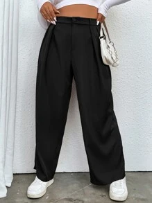 Flirla Plus High Waist Fold Pleated Tailored Trousers - Black - View 4