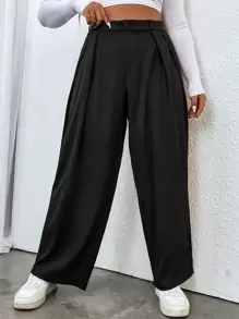 Flirla Plus High Waist Fold Pleated Tailored Trousers - Black - View 5