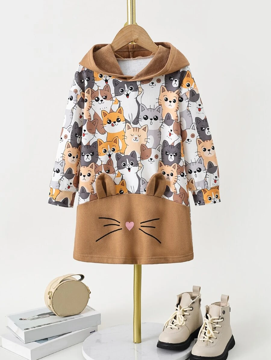 小女童卡通圖案3D耳朵設計連帽洋裝