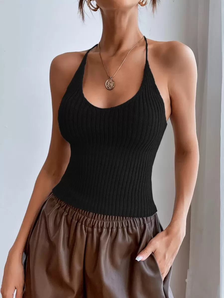Chiquease Tie Backless Halter Knit Top - Black - View 1