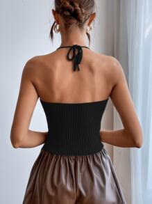 Chiquease Tie Backless Halter Knit Top - Black - View 2