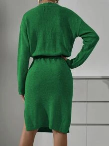 SHEIN Privé Drop Shoulder Split Thigh Jumper Dress - Green - View 2