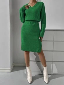 SHEIN Privé Drop Shoulder Split Thigh Jumper Dress - Green - View 4