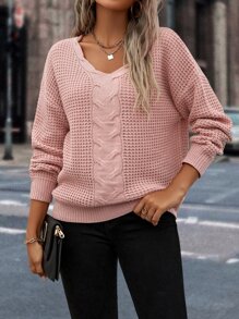 SHEIN LUNE Drop Shoulder Cable Knit Jumper - Baby Pink - View 6