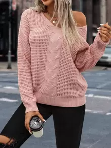 SHEIN LUNE Drop Shoulder Cable Knit Jumper - Baby Pink - View 3