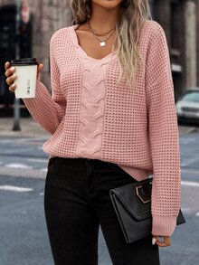 SHEIN LUNE Drop Shoulder Cable Knit Jumper - Baby Pink - View 4