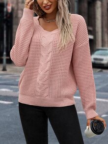 SHEIN LUNE Drop Shoulder Cable Knit Jumper - Baby Pink - View 5