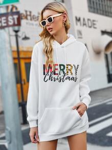 Christmas Slogan Graphic Drop Shoulder Drawstring Thermal Hoodie - White - View 3