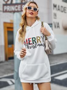 Christmas Slogan Graphic Drop Shoulder Drawstring Thermal Hoodie - White - View 4