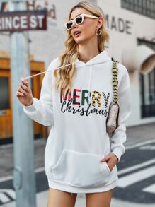 Christmas Slogan Graphic Drop Shoulder Drawstring Thermal Hoodie - White - View 5