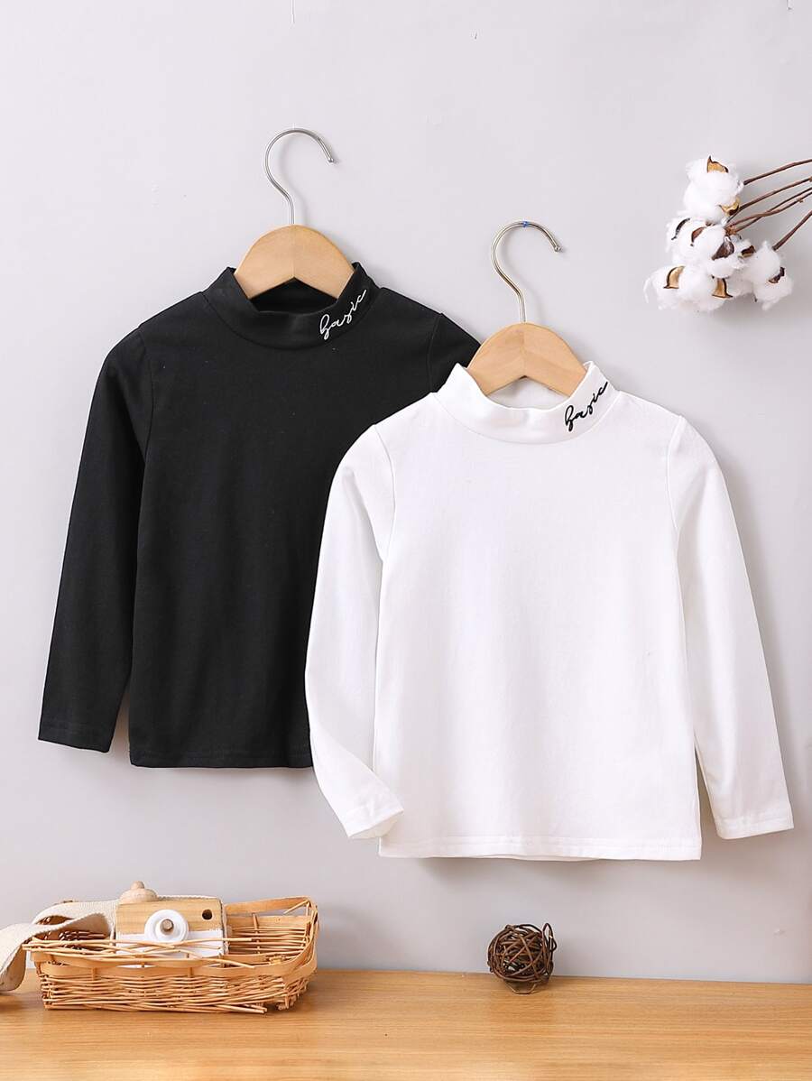 Toddler Boys 2pcs Mock Neck Letter Embroidery Tee - Black and White - View 1