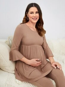 Maternity Flounce Sleeve Adjustable Waist Lounge Set - Khaki - View 5