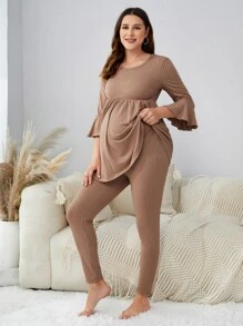 Maternity Flounce Sleeve Adjustable Waist Lounge Set - Khaki - View 1