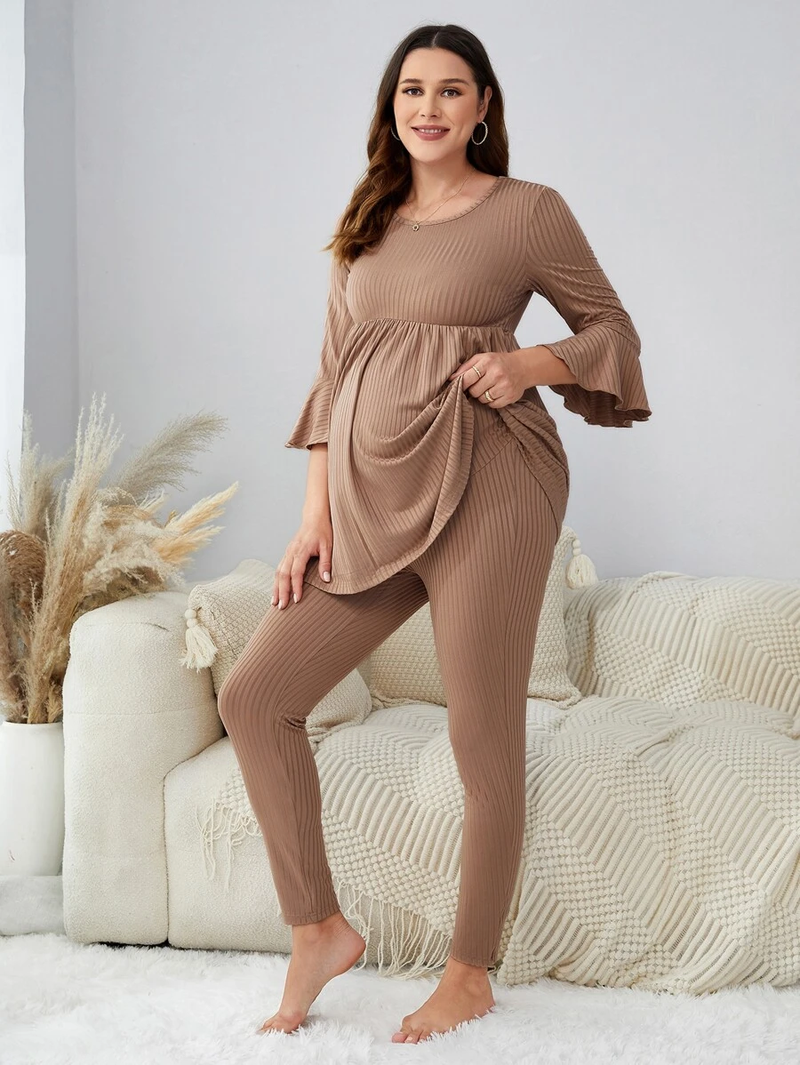 Maternity Flounce Sleeve Adjustable Waist Lounge Set - Khaki - View 1