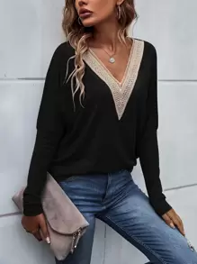 SHEIN LUNE Camiseta de hombros caídos panel con encaje - Negro - Ver 1