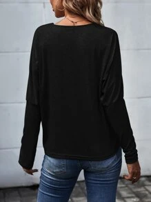 SHEIN LUNE Camiseta de hombros caídos panel con encaje - Negro - Ver 2