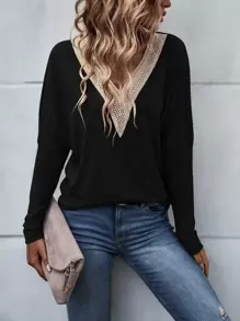 SHEIN LUNE Camiseta de hombros caídos panel con encaje - Negro - Ver 4