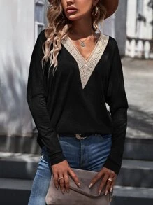 SHEIN LUNE Camiseta de hombros caídos panel con encaje - Negro - Ver 5