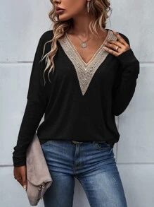 SHEIN LUNE Camiseta de hombros caídos panel con encaje - Negro - Ver 6