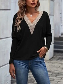 SHEIN LUNE Camiseta de hombros caídos panel con encaje - Negro - Ver 7