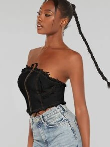 SHEIN BAE Zip Front Raw Hem Tube Top - Black - View 3
