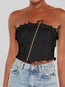 SHEIN BAE Zip Front Raw Hem Tube Top - Black - View 4