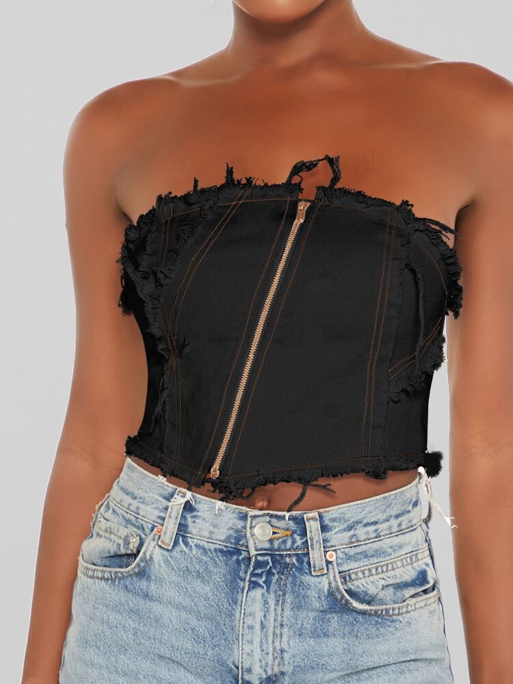 SHEIN BAE Top bandeau con cremallera delantera bajo crudo - Negro - Añade 4